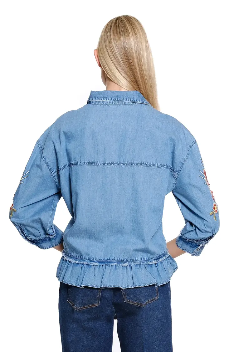 Tru Luxe Try Luxe Embroidered Chambray Top With Peplum T36226BM