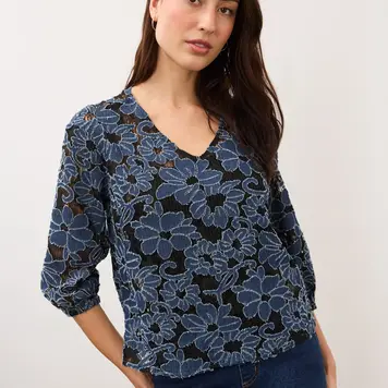 French Dressing Jeans FDJ 3/4 Sleeve Popover Top 7310142