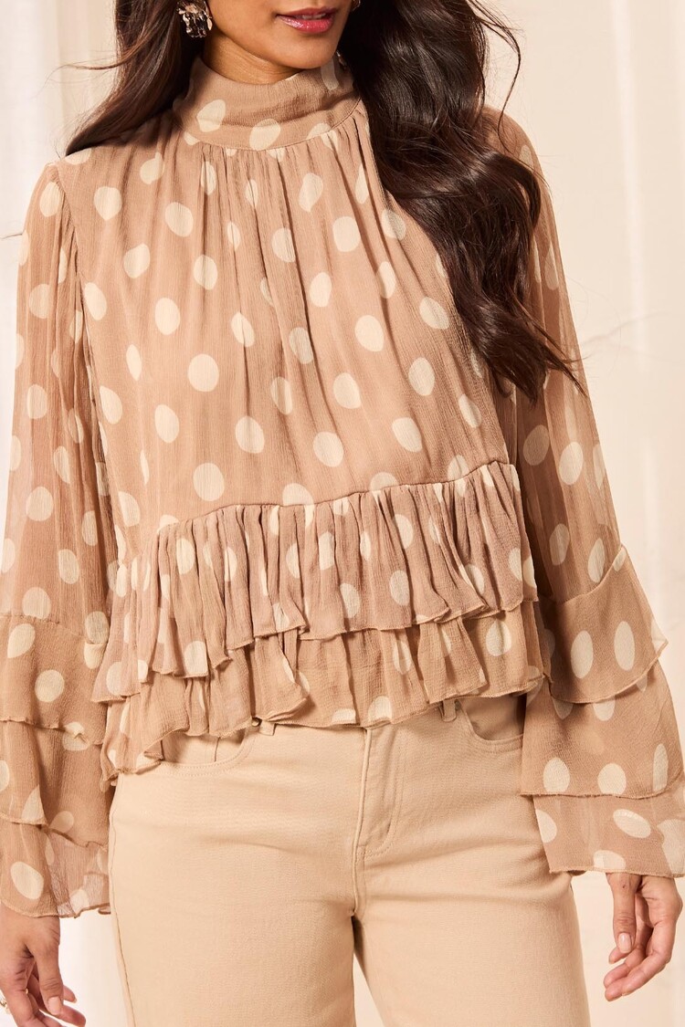Tribal Tribal Mock Neck Peplum Blouse With Frill 6366O