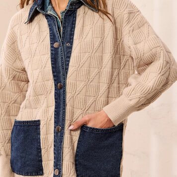 Tribal Tribal Mix Media Sweater Coatigan With Denim Detail 6351O