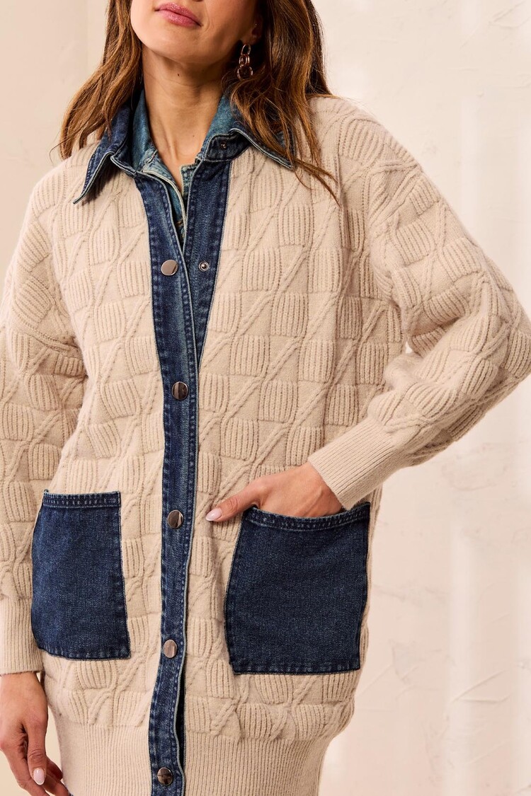 Tribal Tribal Mix Media Sweater Coatigan With Denim Detail 6351O