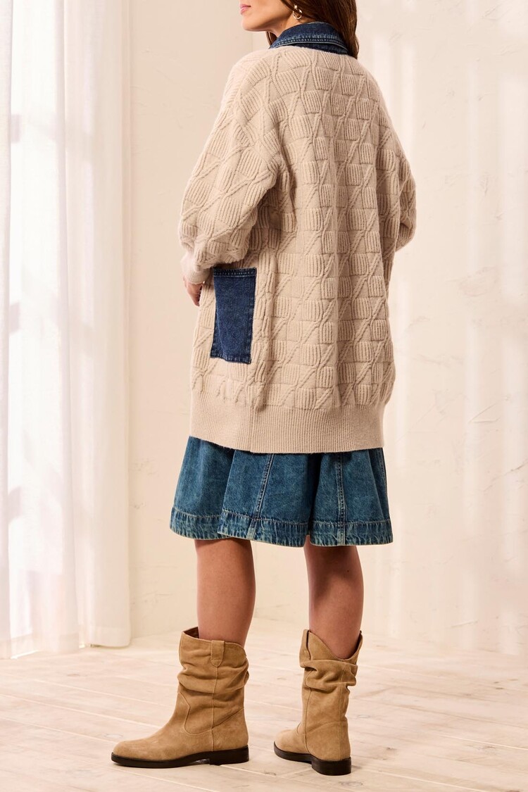 Tribal Tribal Mix Media Sweater Coatigan With Denim Detail 6351O