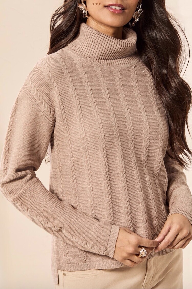 Tribal Tribal T-Neck Cable Stitch Sweater With Side Slits 6309O