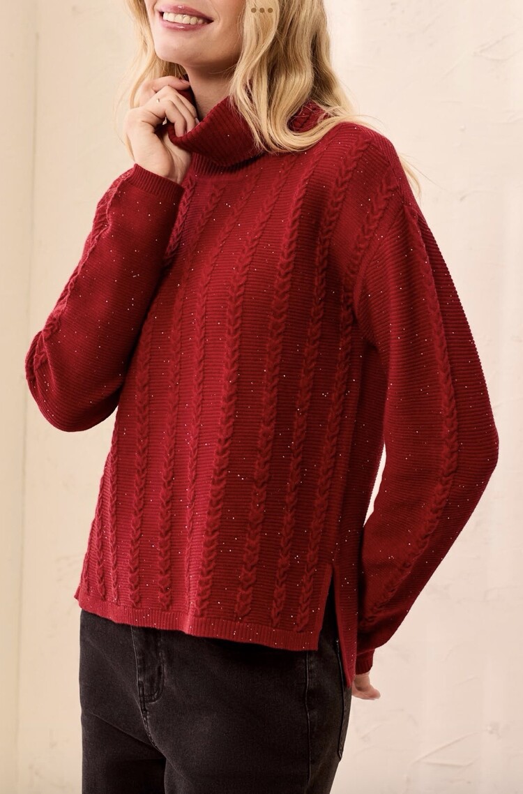Tribal Tribal T-Neck Cable Stitch Sweater With Side Slits 6309O