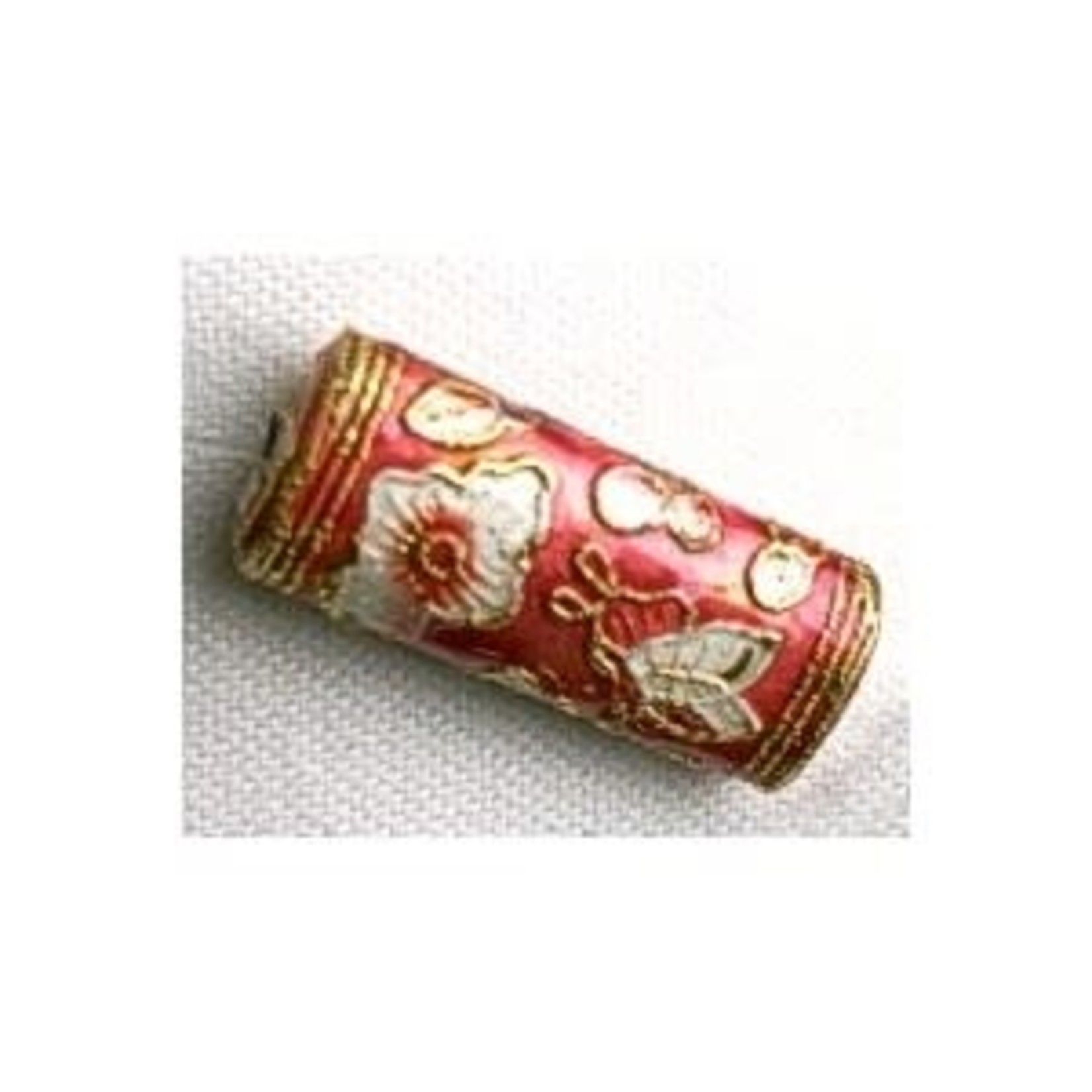 Cloisonne Tube Bead 38x10x8mm - Rust Red with White Flowers