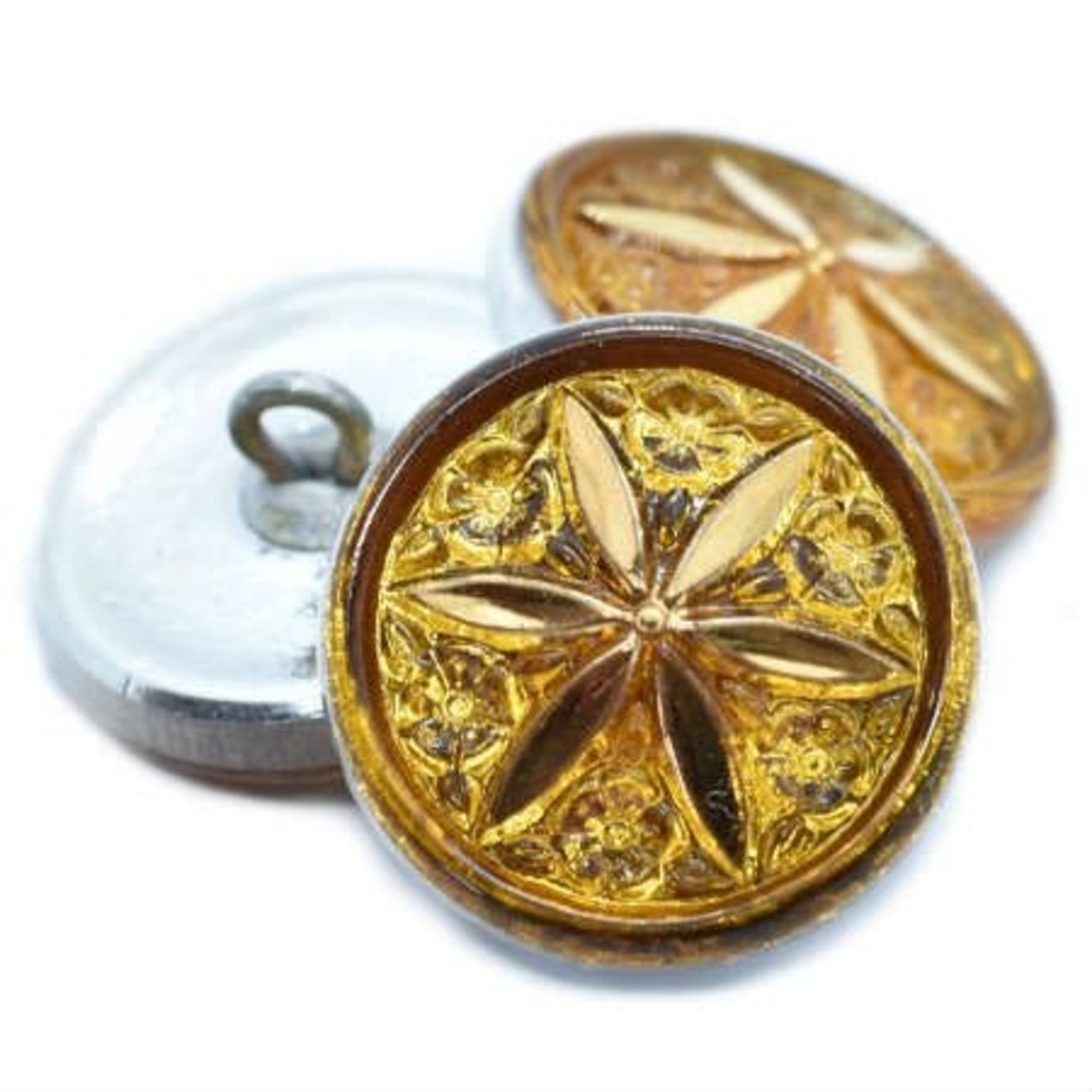 Czech Glass Button 18mm Star Flower Gold