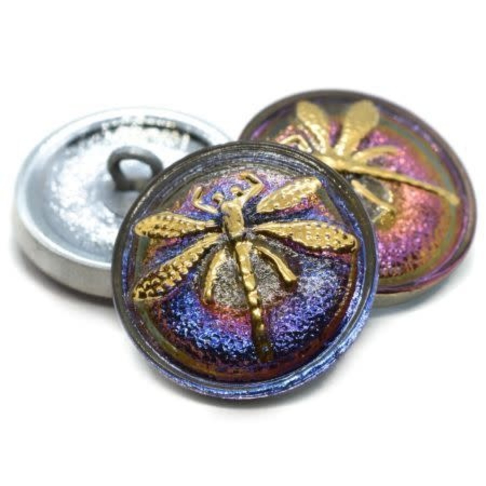 Czech Glass Button 18mm Dragonfly Volcano Gold