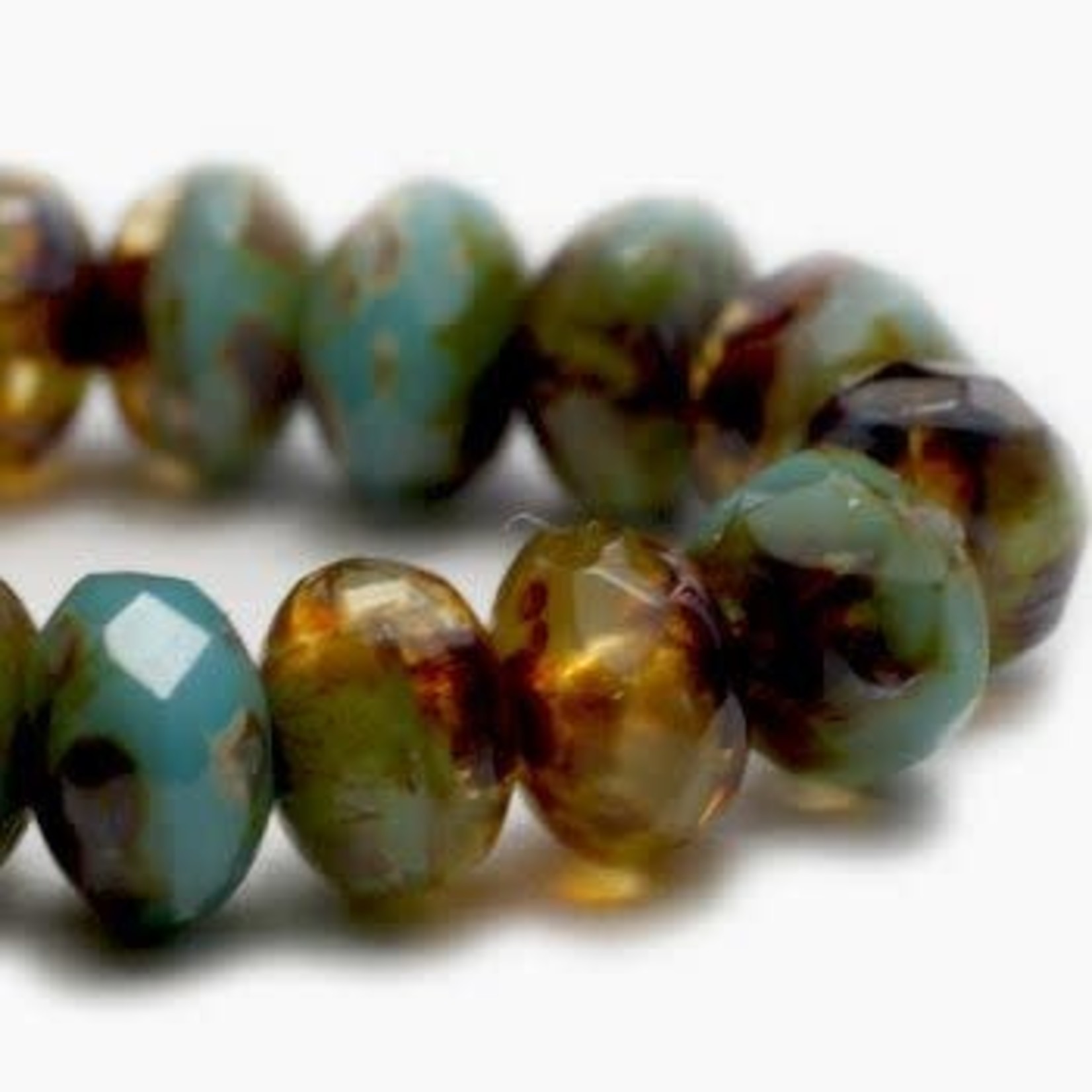 Czech Glass Rondelle 5X3mm Amber and Tea Green Picasso Bead Strand