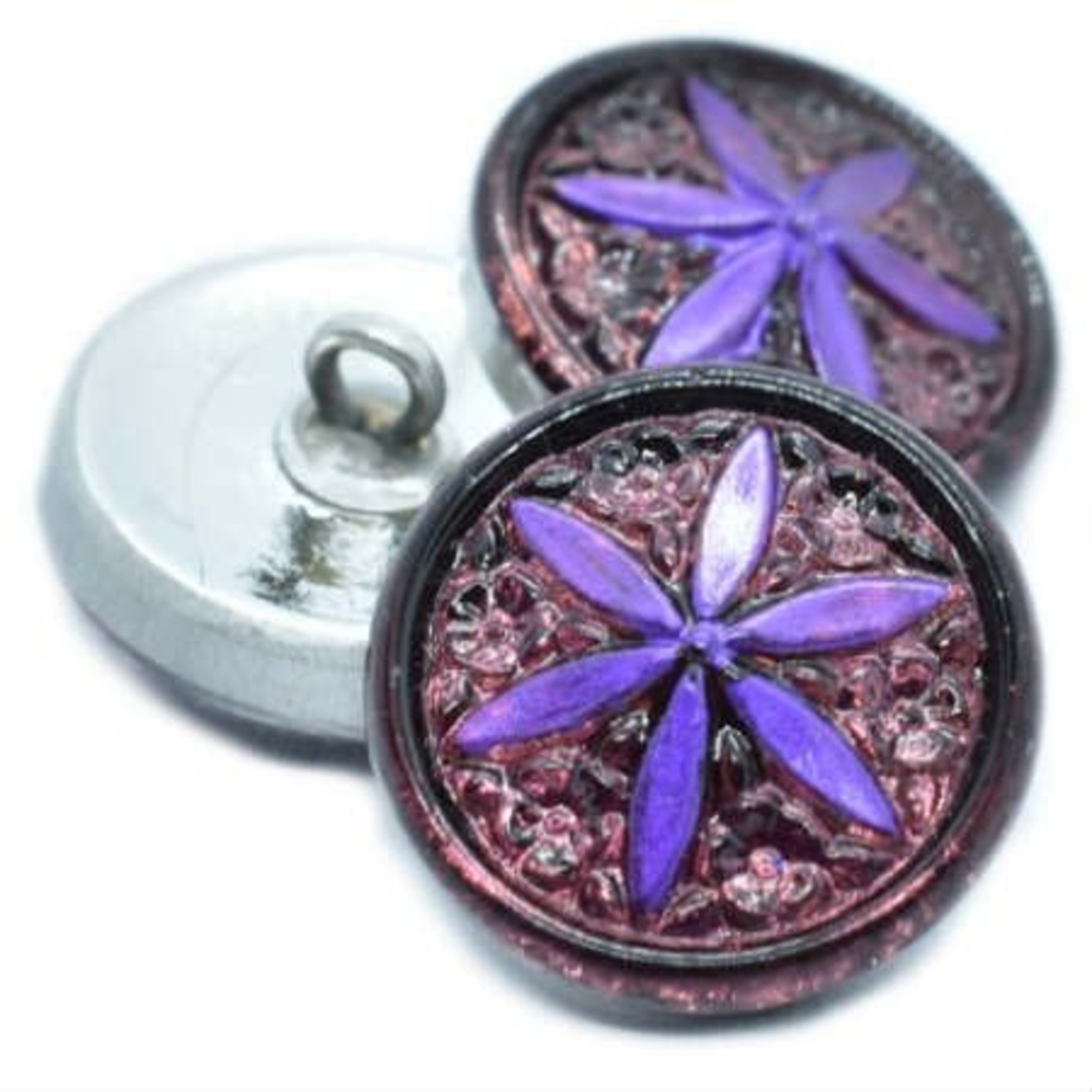 Czech Glass Button 18mm Starflower Rosewood and Purple
