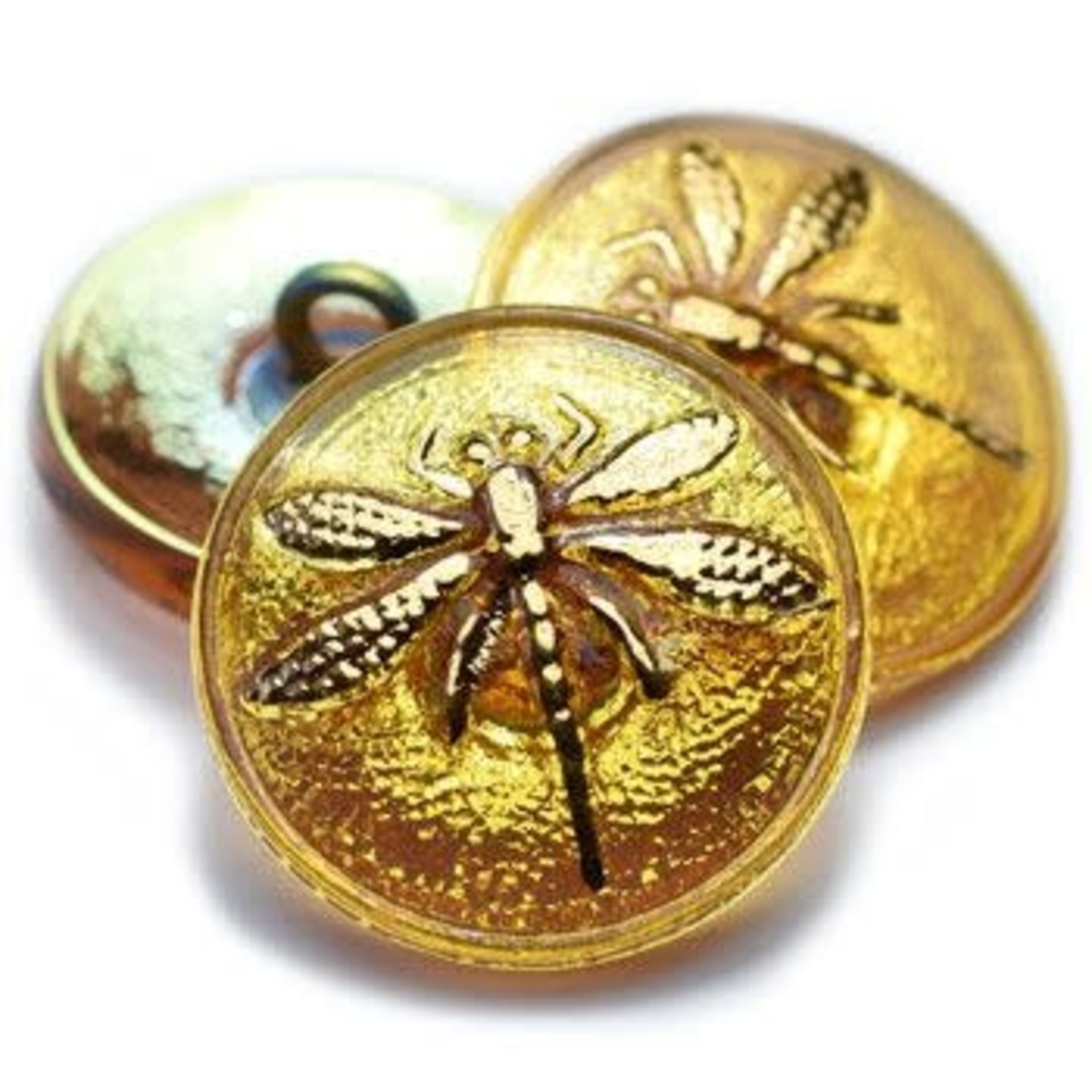 Czech Glass Button 18mm Dragonfly Yellow AB