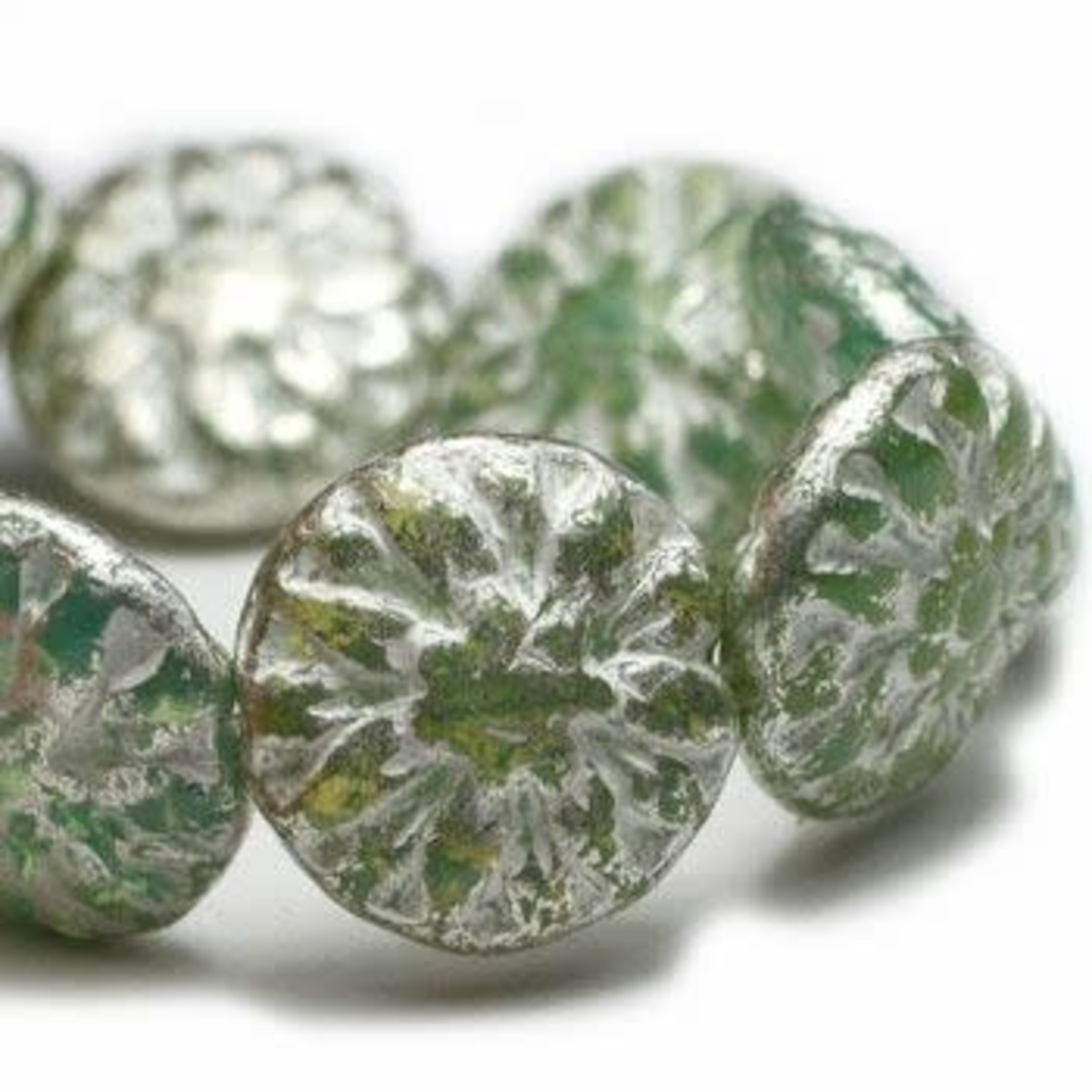Czech Dahlia Flower 14mm Opal Green Silver Wash Bead Strand