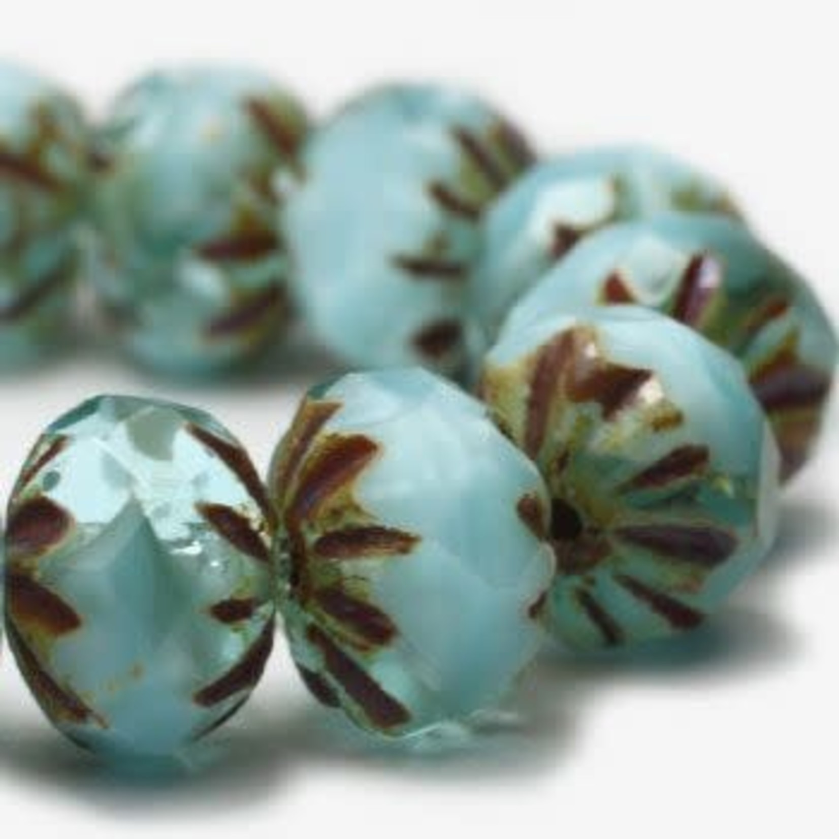 Czech Glass 9X6mm Cruller Sky Blue with Picasso Finish Bead Strand
