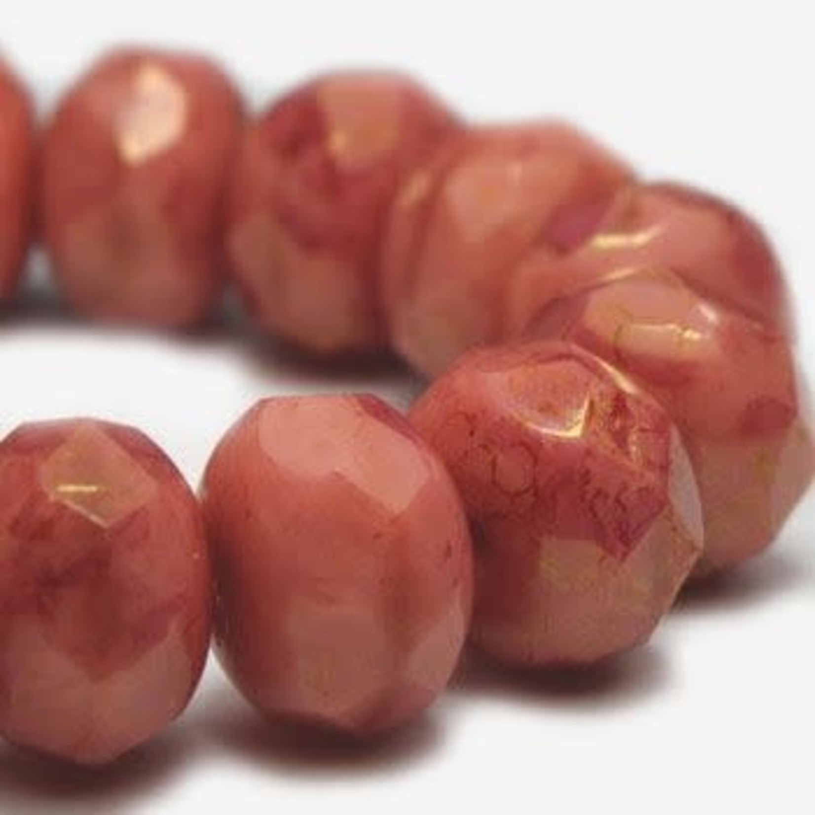 Czech Glass Rondelle 8x6mm Salmon Golden Pink Bead Strand