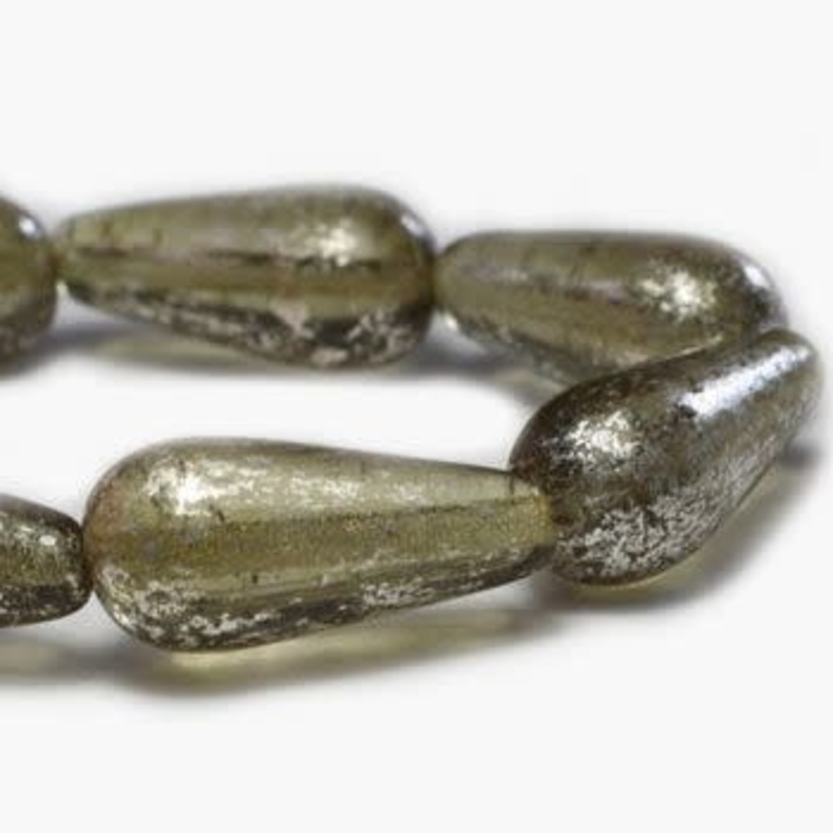 Czech Glass Teardrop Pale Olive Silver Wash Bead Strand