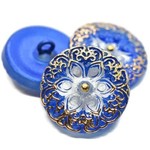 Czech Glass Button 18mm Arabian Star Cobalt Blue with Gold
