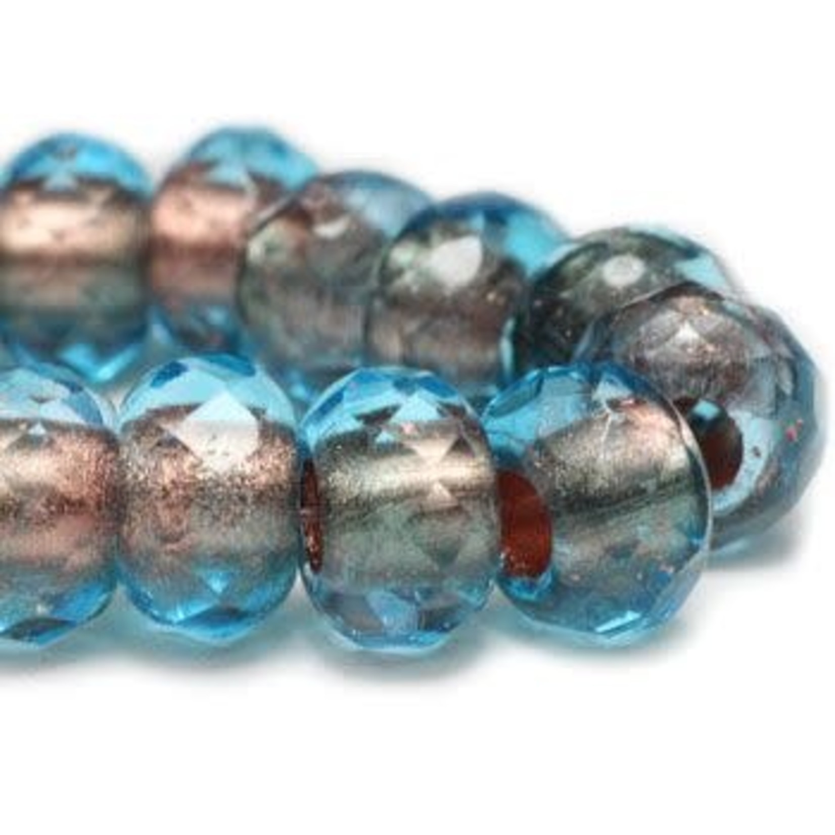 Czech Glass Roller 6x9 Pacific Blue Copper Lining Bead Strand