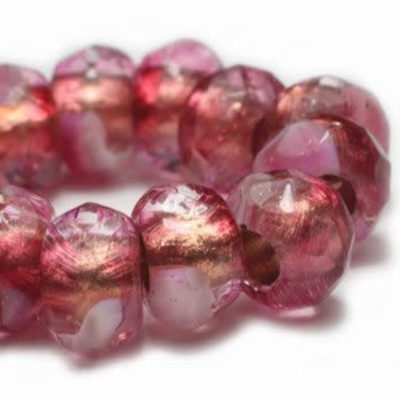 Czech Glass Roller 6x9mm Pink Copper Lining Bead Strand