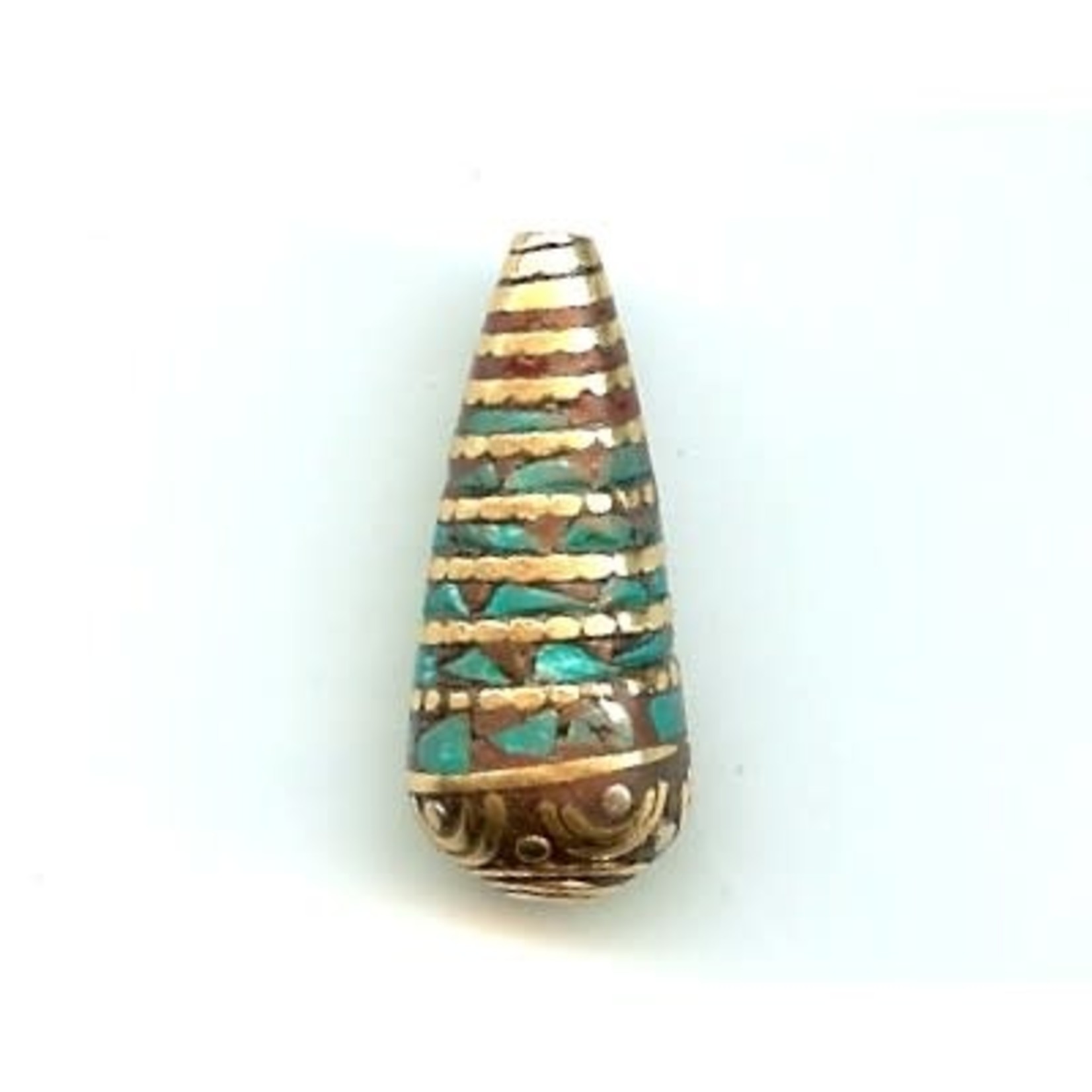 Tibetan Brass Teardrop Bead with Turquoise & Coral