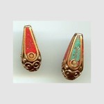 Tibetan Brass 23x12mm Turquoise & Coral  Drop