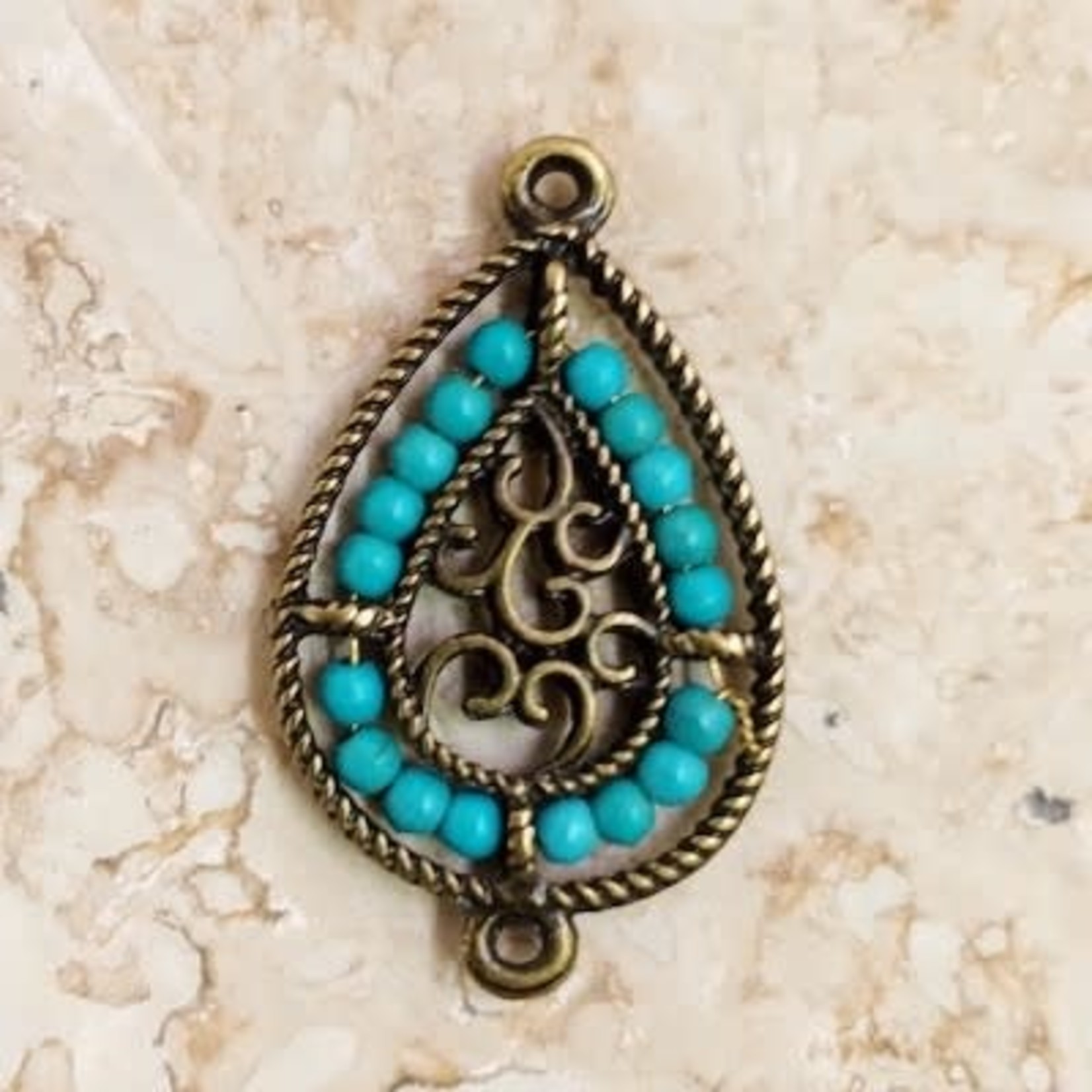 Filigree 2-Hole Link 31x19mm Turquoise Magnesite Antique Brass Plated