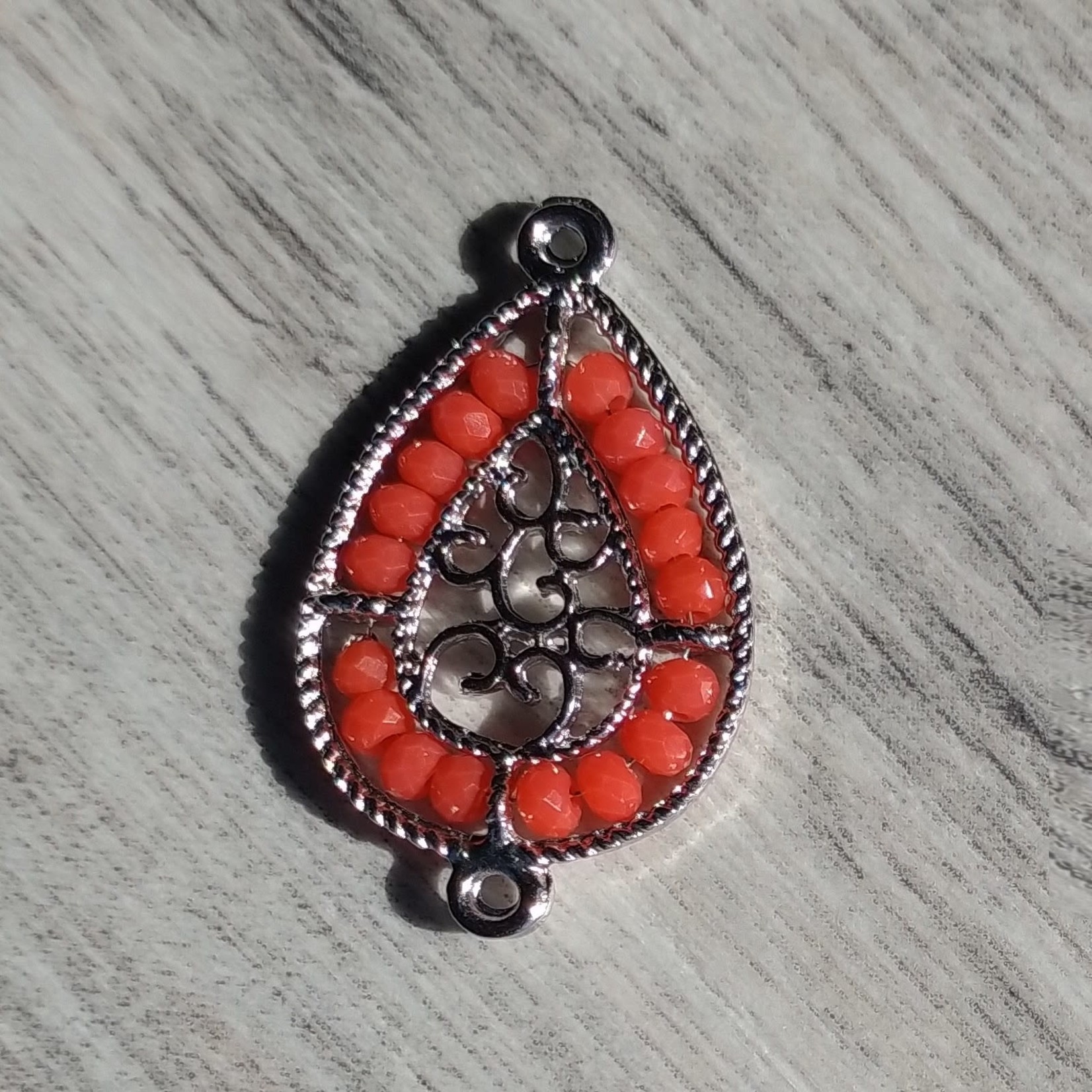 Filigree Crystal 2 Hole Link 31x19mm Silver Plated Coral