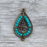 Filigree 2-Hole Link 31x19mm Turquoise Magnesite Antique Brass Plated