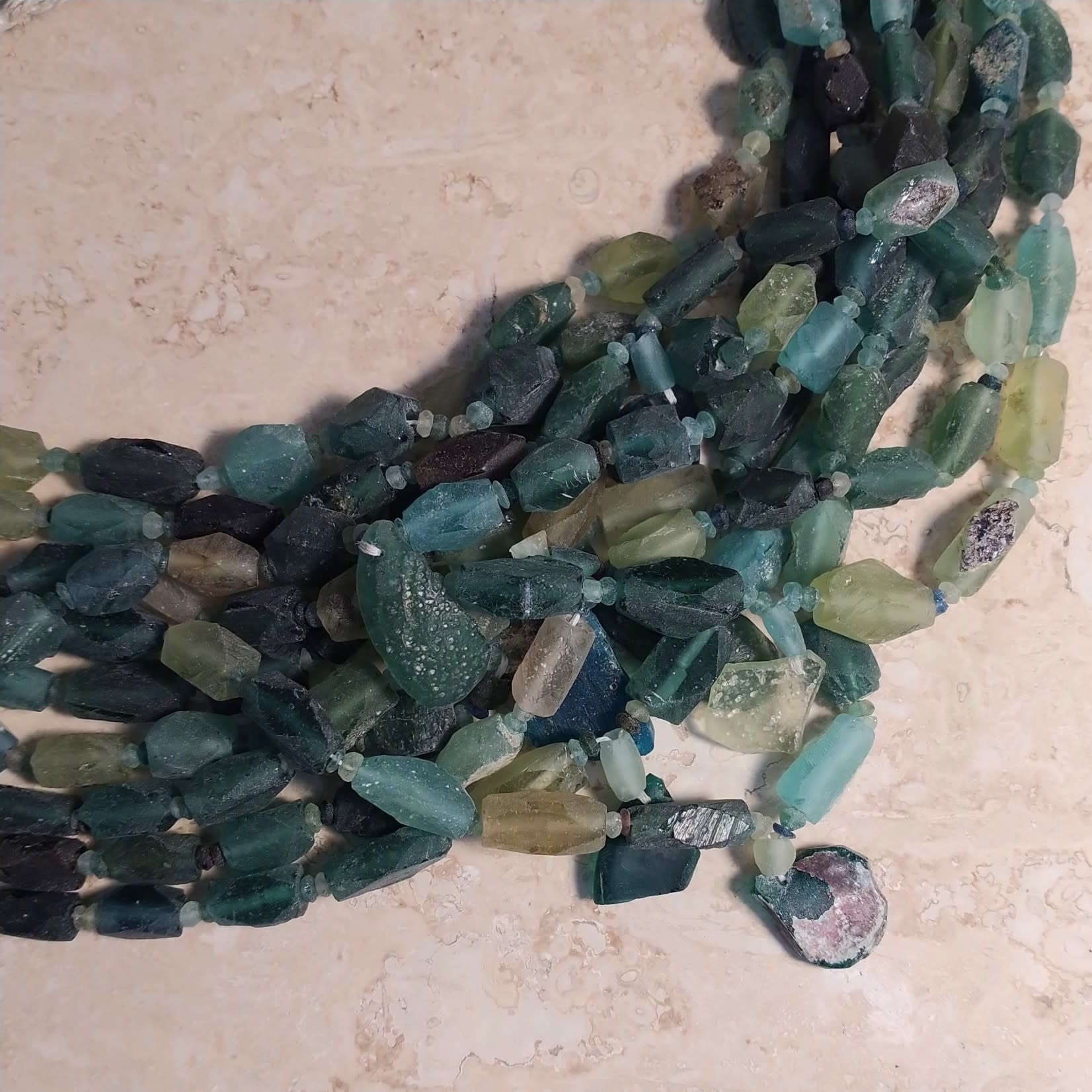 Roman Glass Faceted Barrel with Pendant Bead Strand