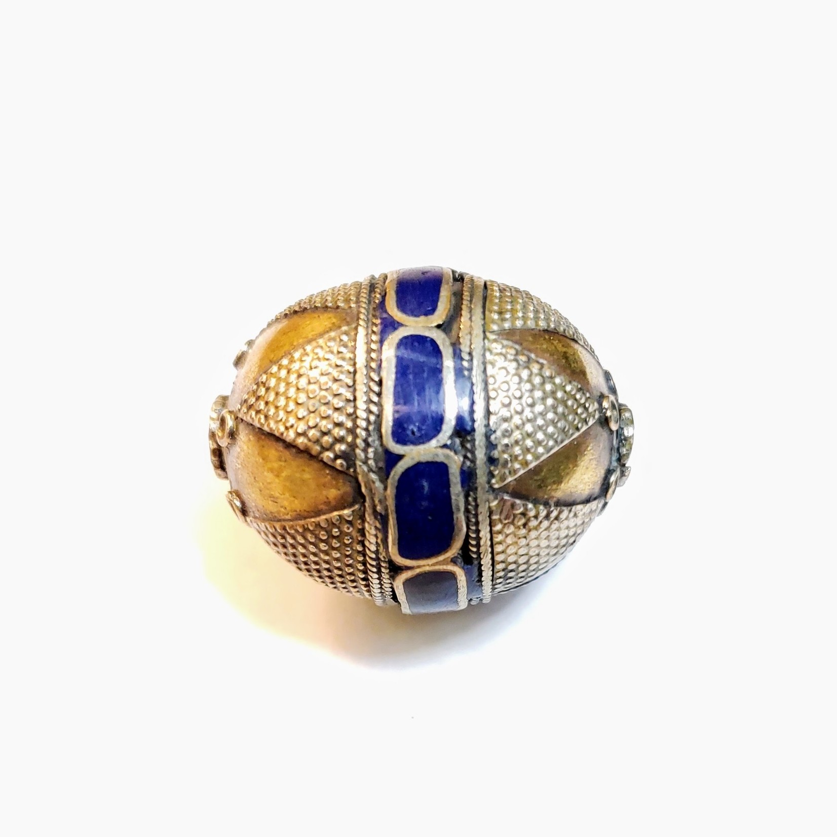 Tibetan Oval Inlaid Lapis Brass Bead