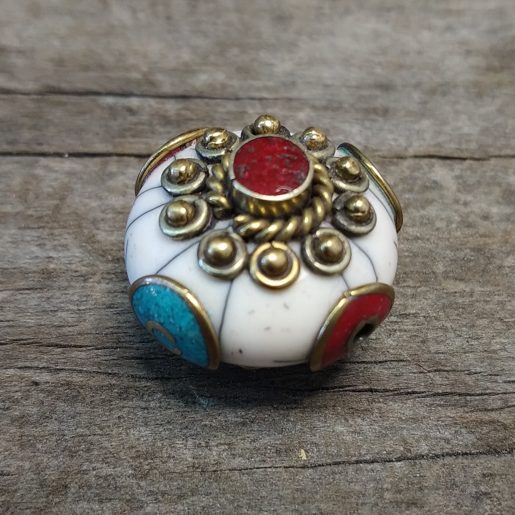 Tibetan Brass Capped 22mm Oval Magnesite Bead with Coral/Turquoise Inlay