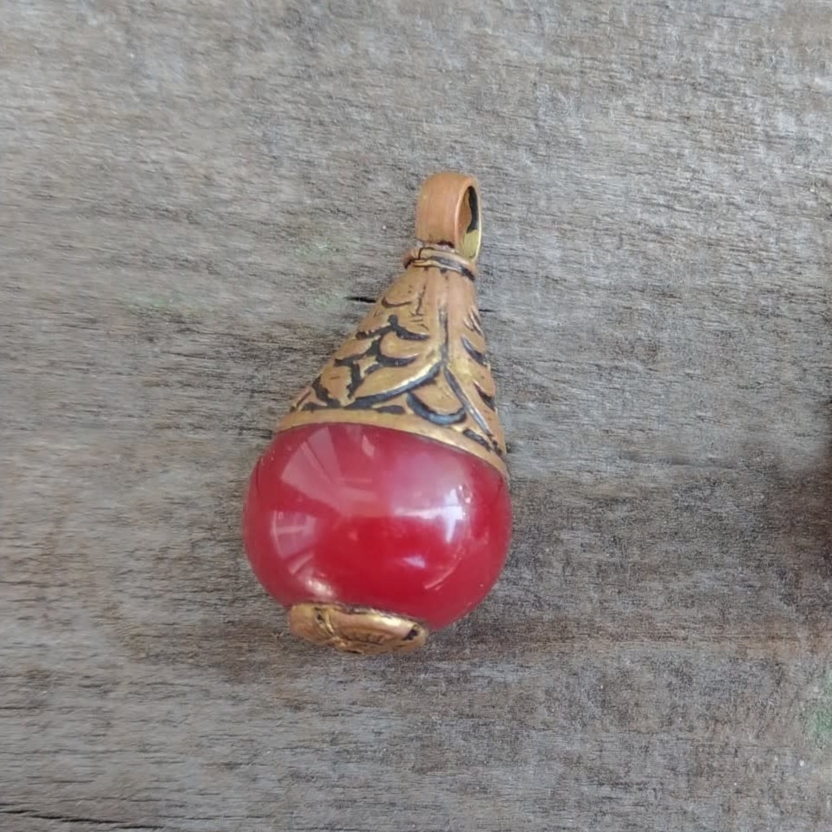 Tibetan Brass Capped 25x13mm Red Magnesite Pendant