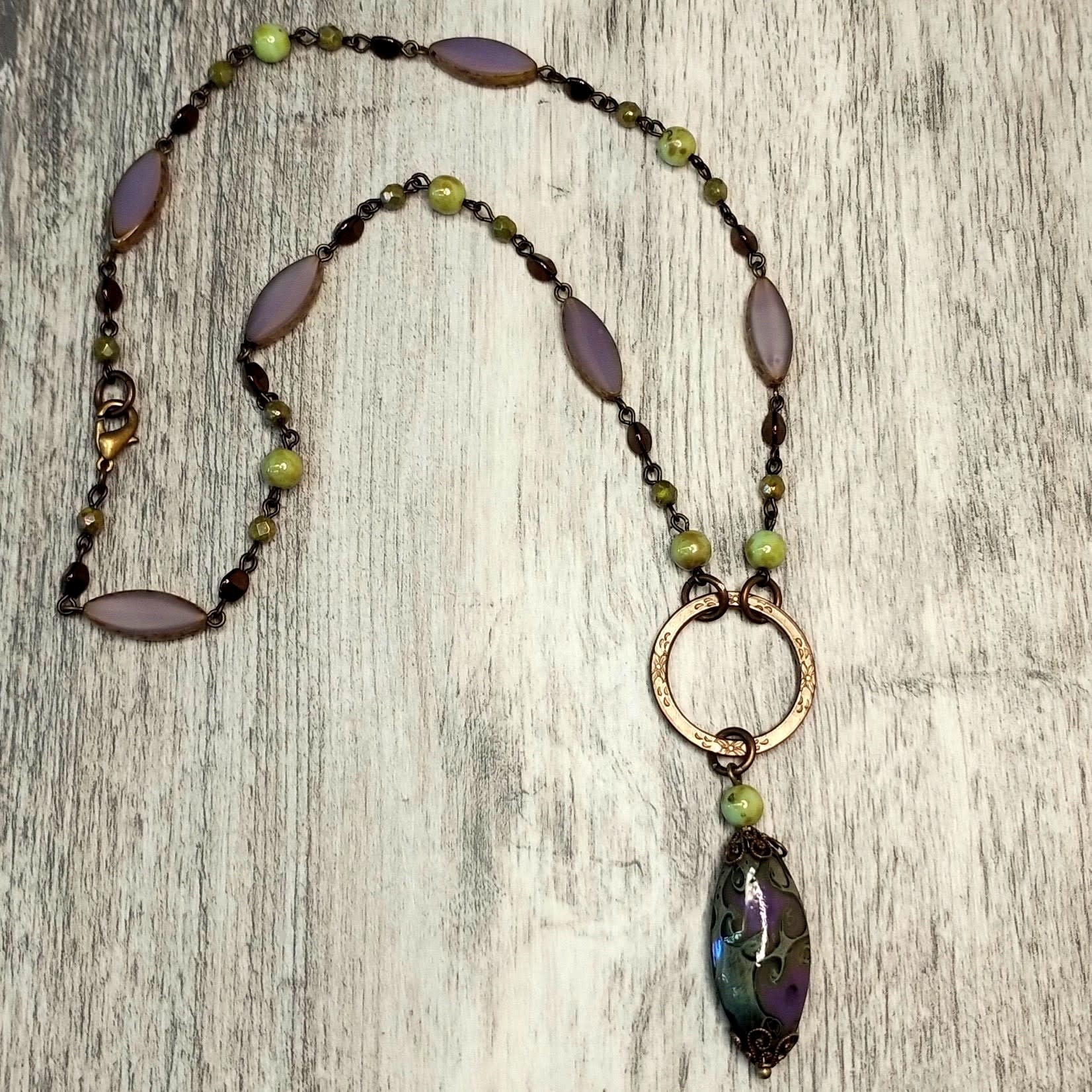 Czech Glass Beaded Chain Purple Spindle/Green - 1 foot