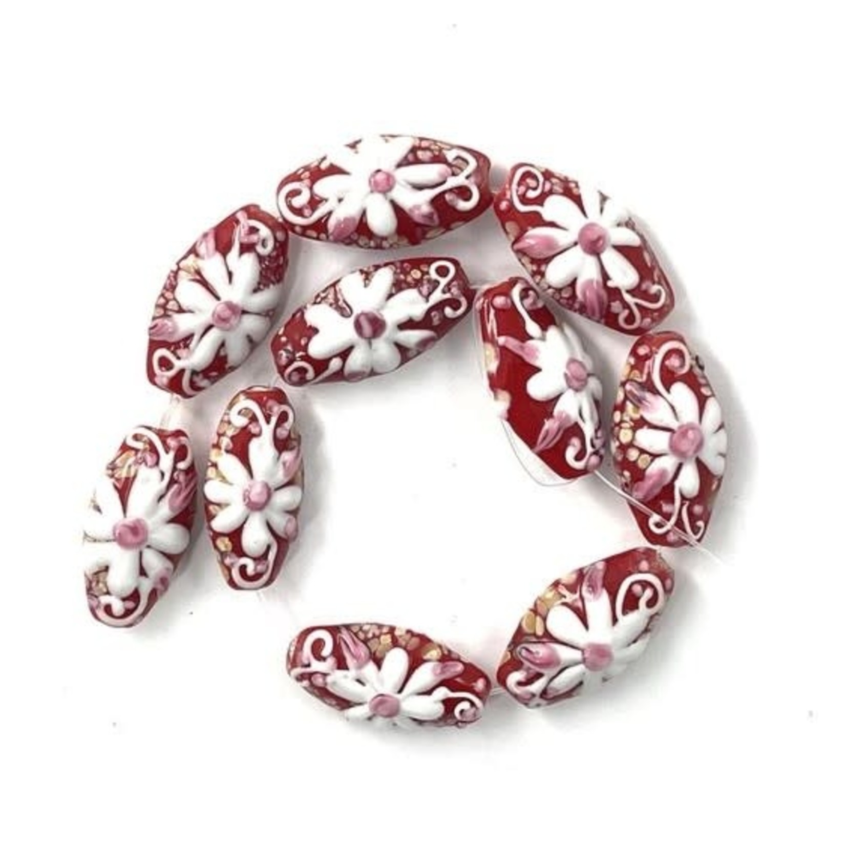 Red w/ White Flower Oval Lampwork Glass Bead
