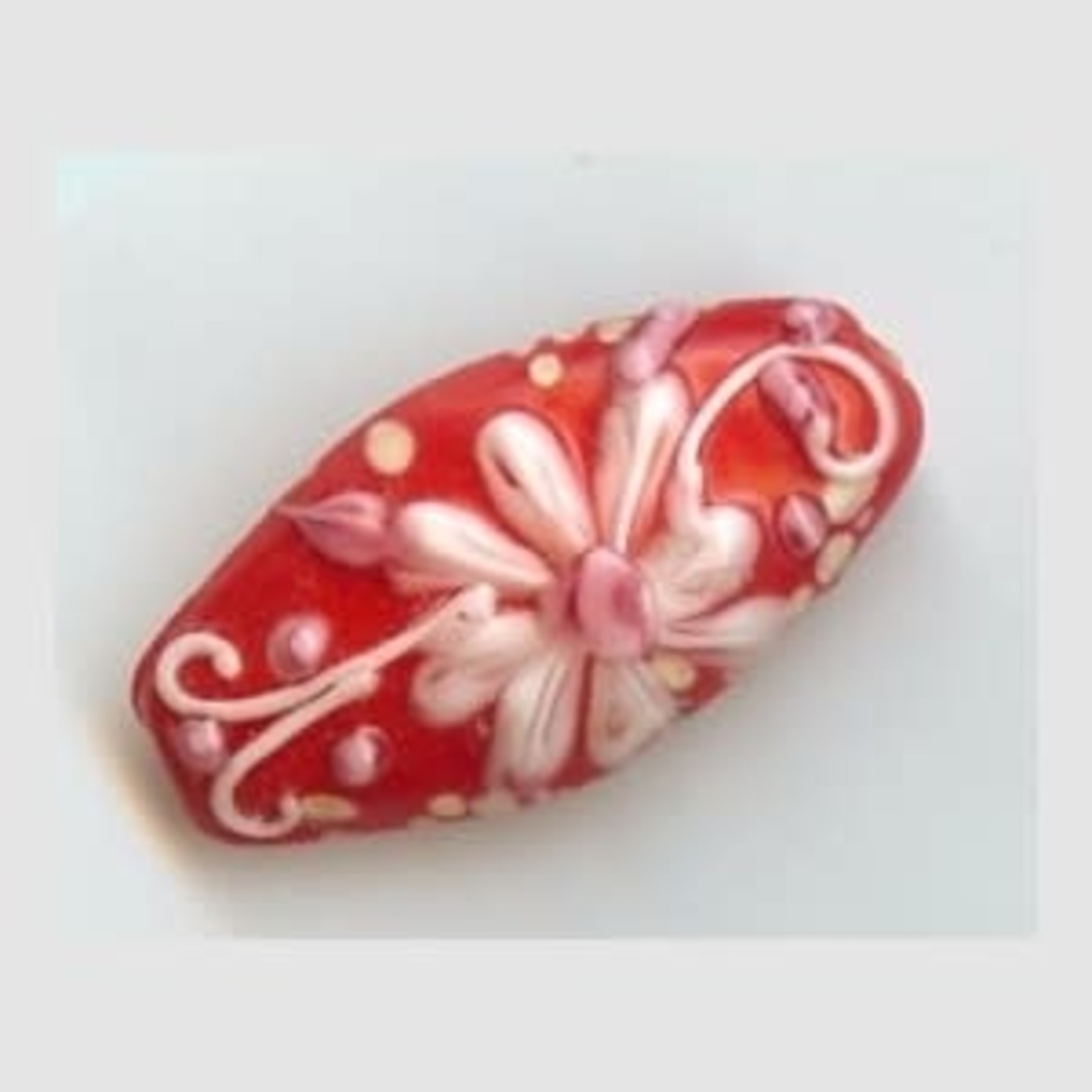 Red w/ White Flower Oval Lampwork Glass Bead