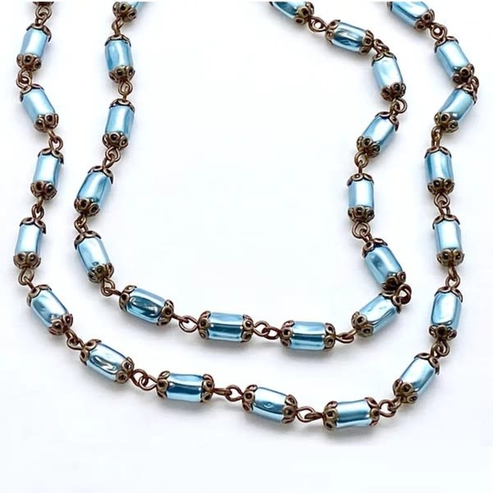 Czech Glass Pearl Blue Rectangle Beaded Chain  - 1 foot