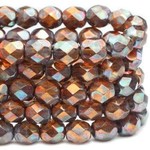 Czech Glass Fire Polish 6mm Amber w/ Metallic Rust Finish Bead Strand