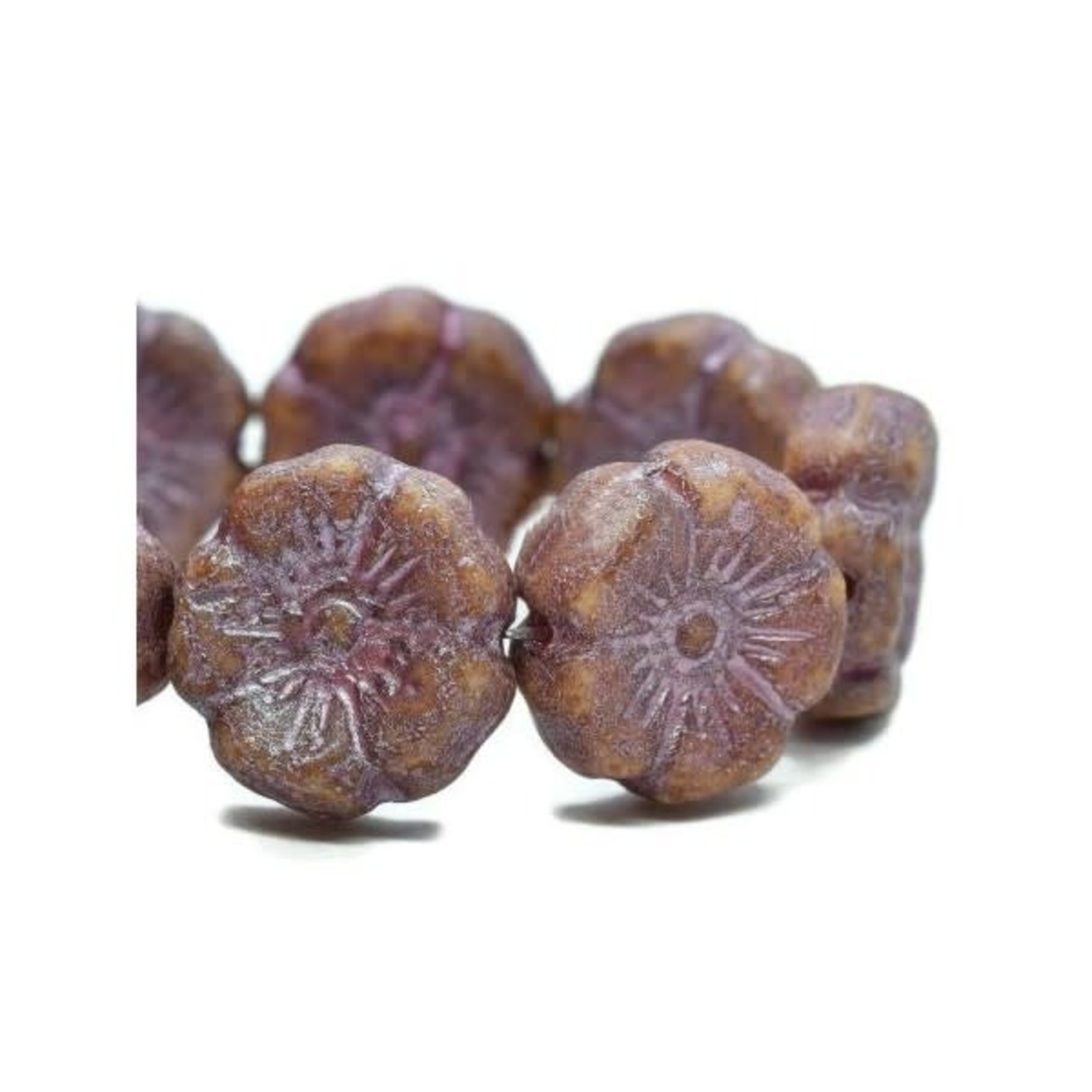Czech Hibiscus Flower 12mm Honey with Etched Pink Bead Strand