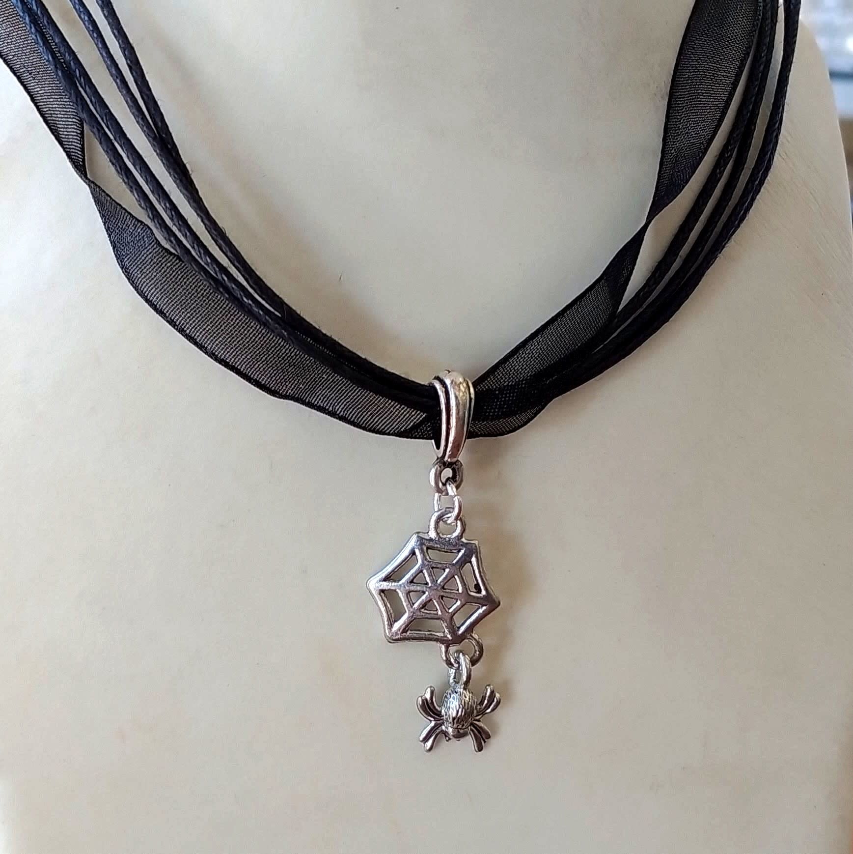 ●●NUMBERING●●Ribbon Leather Chain Necklace #5759 Black Ribbon Spider Necklce - Bead Inspirations