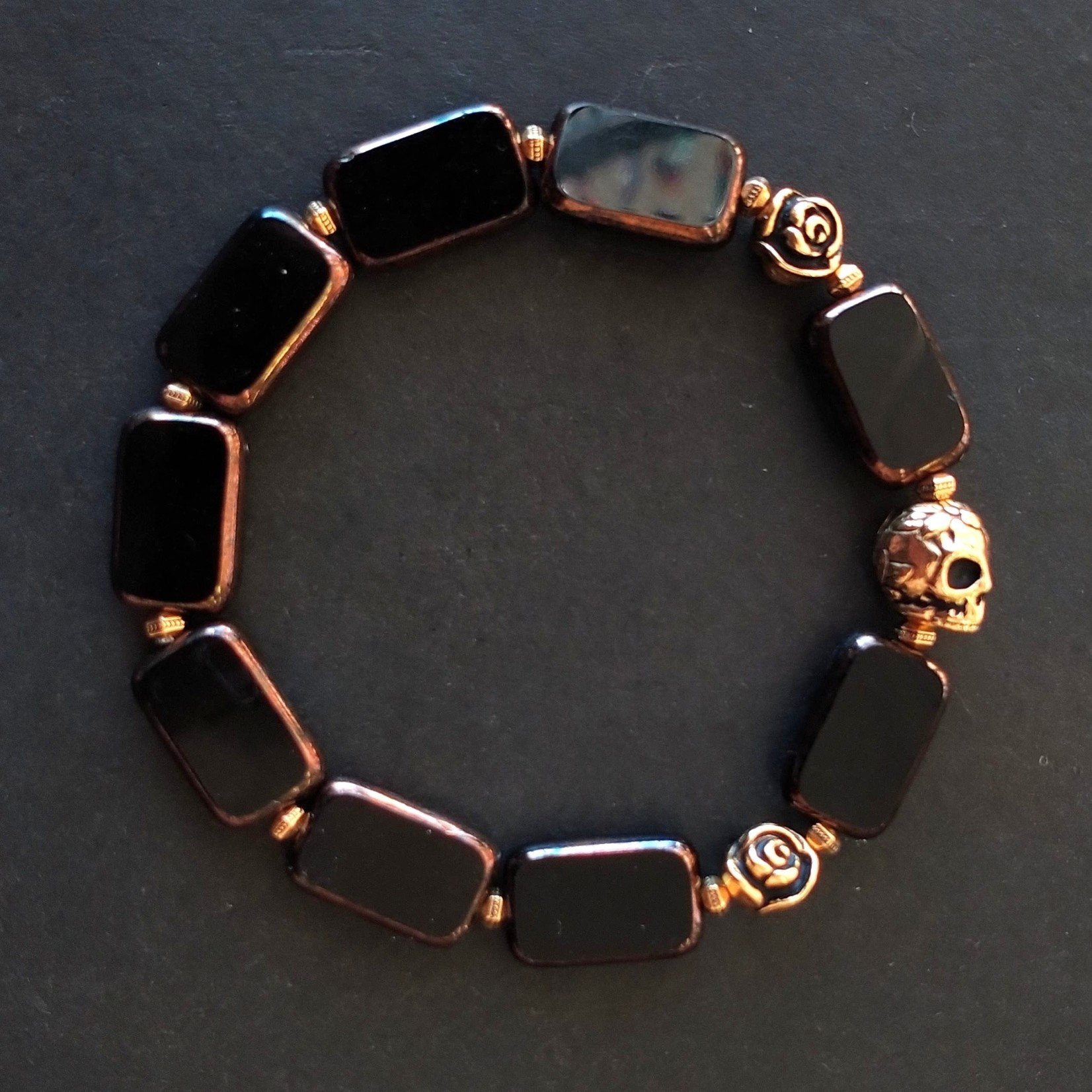 Czech Glass Rectangle Black w/ Copper Edge Bead Strand