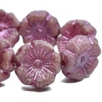 Czech Glass Hibiscus Flower 12mm Etched Metallic Pink Bead Strand