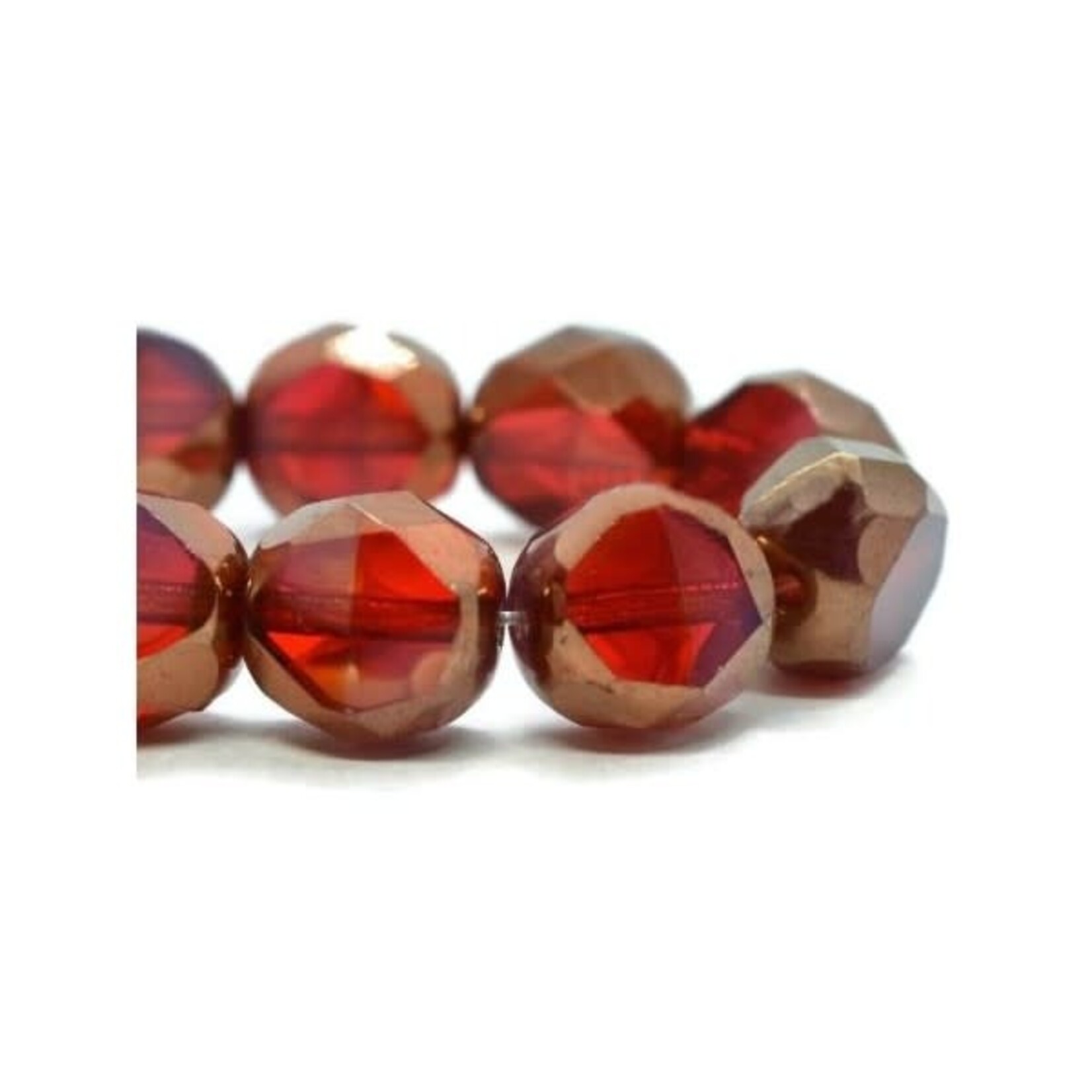 Czech Glass Table Cut  8mm Faceted Ruby Red Rosewood w/Bronze Bead Strand
