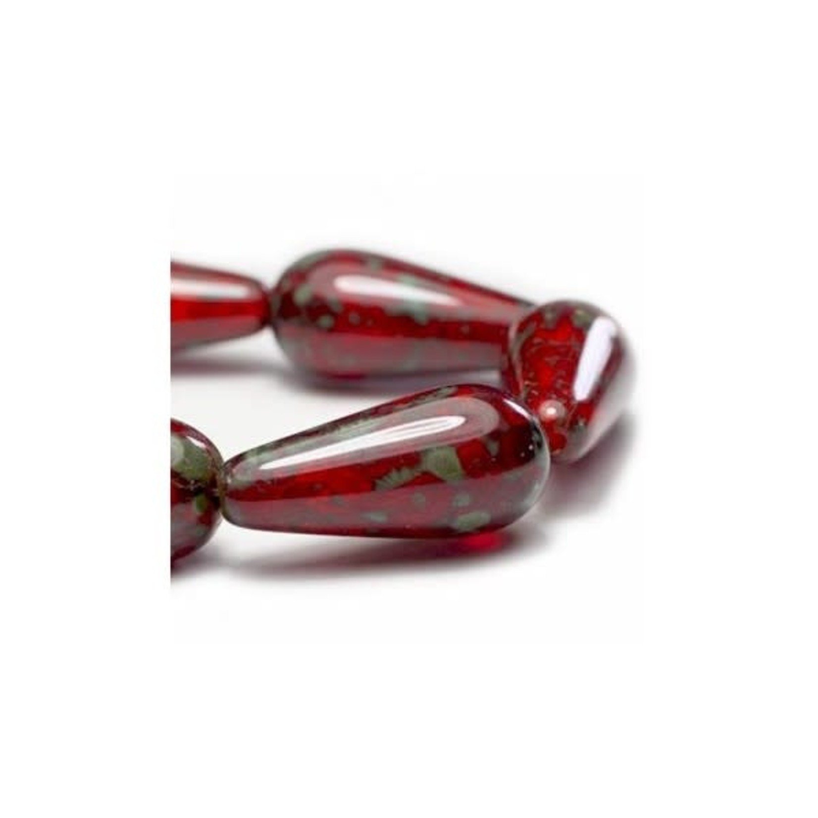 Czech Glass Dangle Drop 9x20mm Ruby Red w/ Picasso Finish Bead Strand