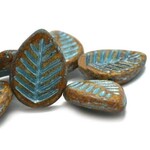 Czech Glass Leaf 12x16mm Honey w/ Metallic Turquoise Vein Bead Strand