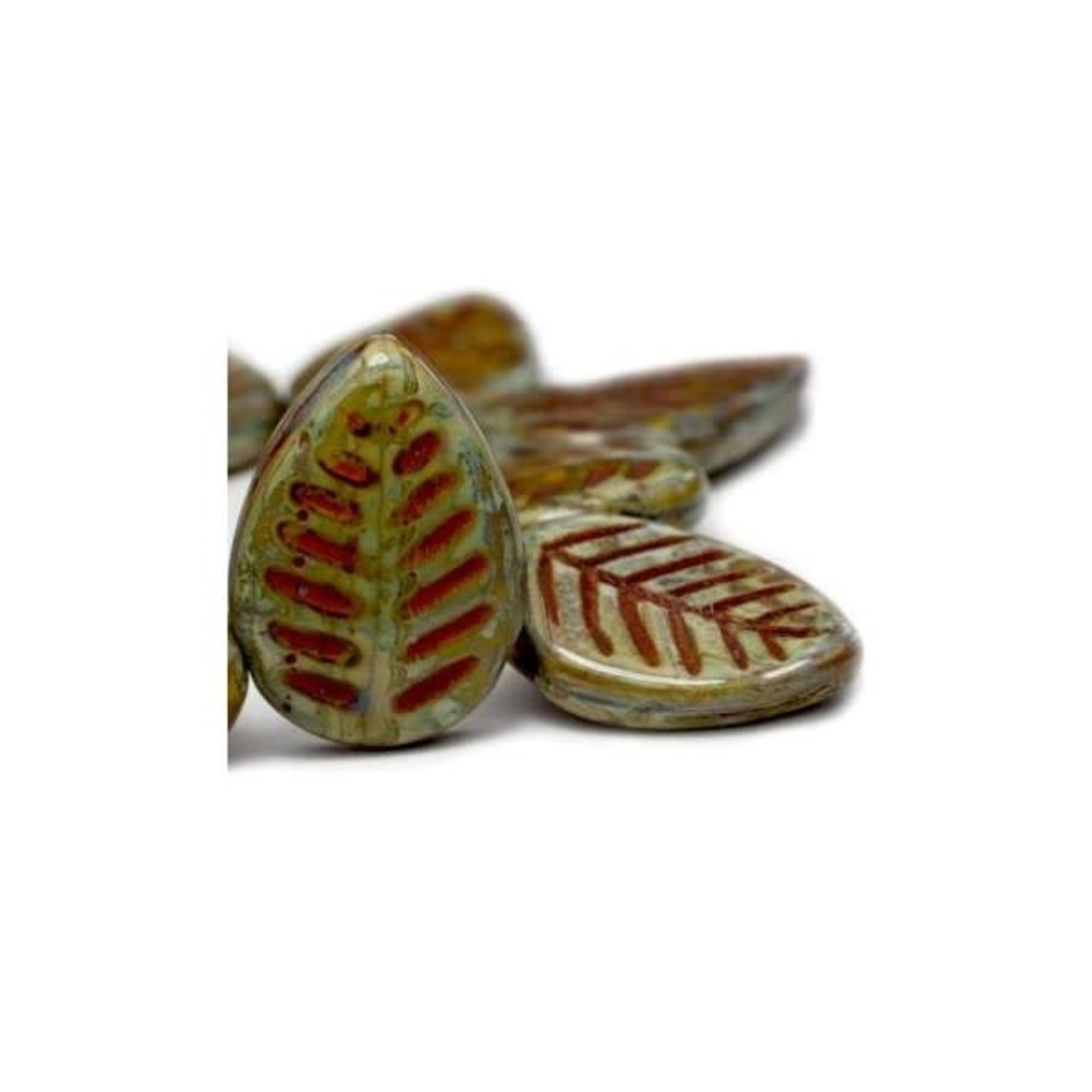 Czech Glass 12x16mm Dogwood Leaves Artichoke with a Coral Wash Bead Strand