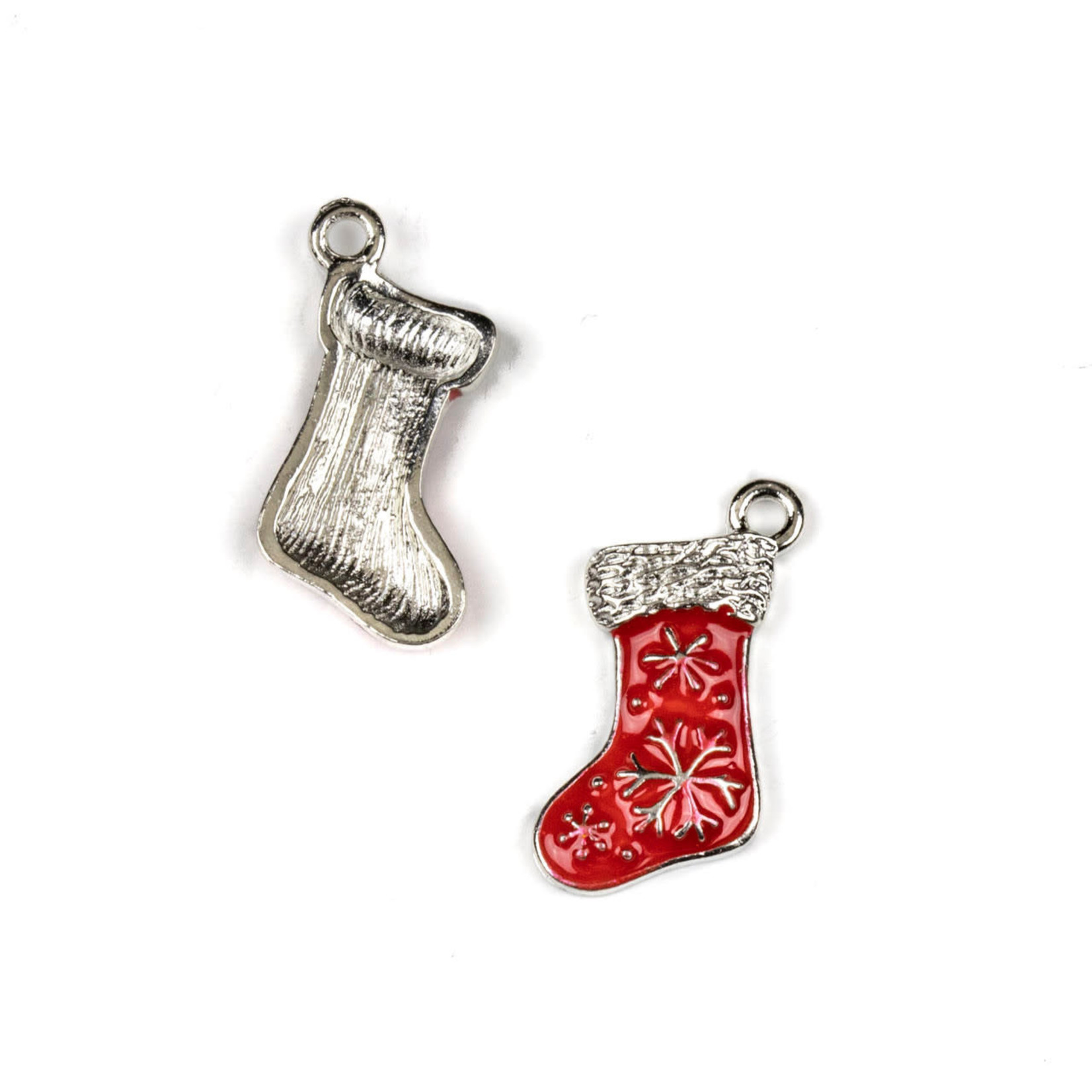 Christmas Stocking Charm - 11x21mm Enameled Red on Silver