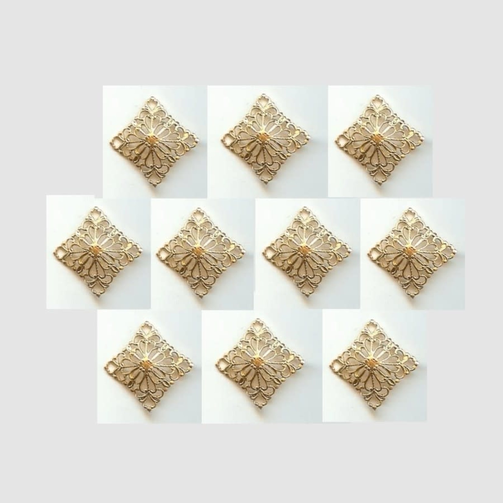 Square Dapped Filigree  - Raw Brass - 10 Pieces