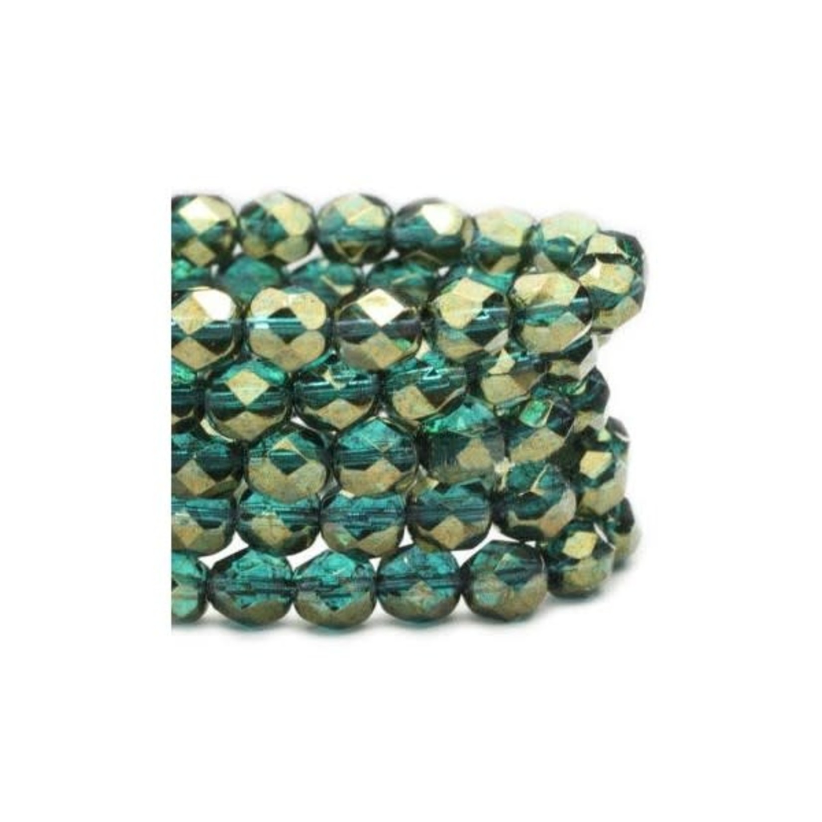 Czech Glass Fire Polish 6mm Blue Green with Gold Luster Bead Strand
