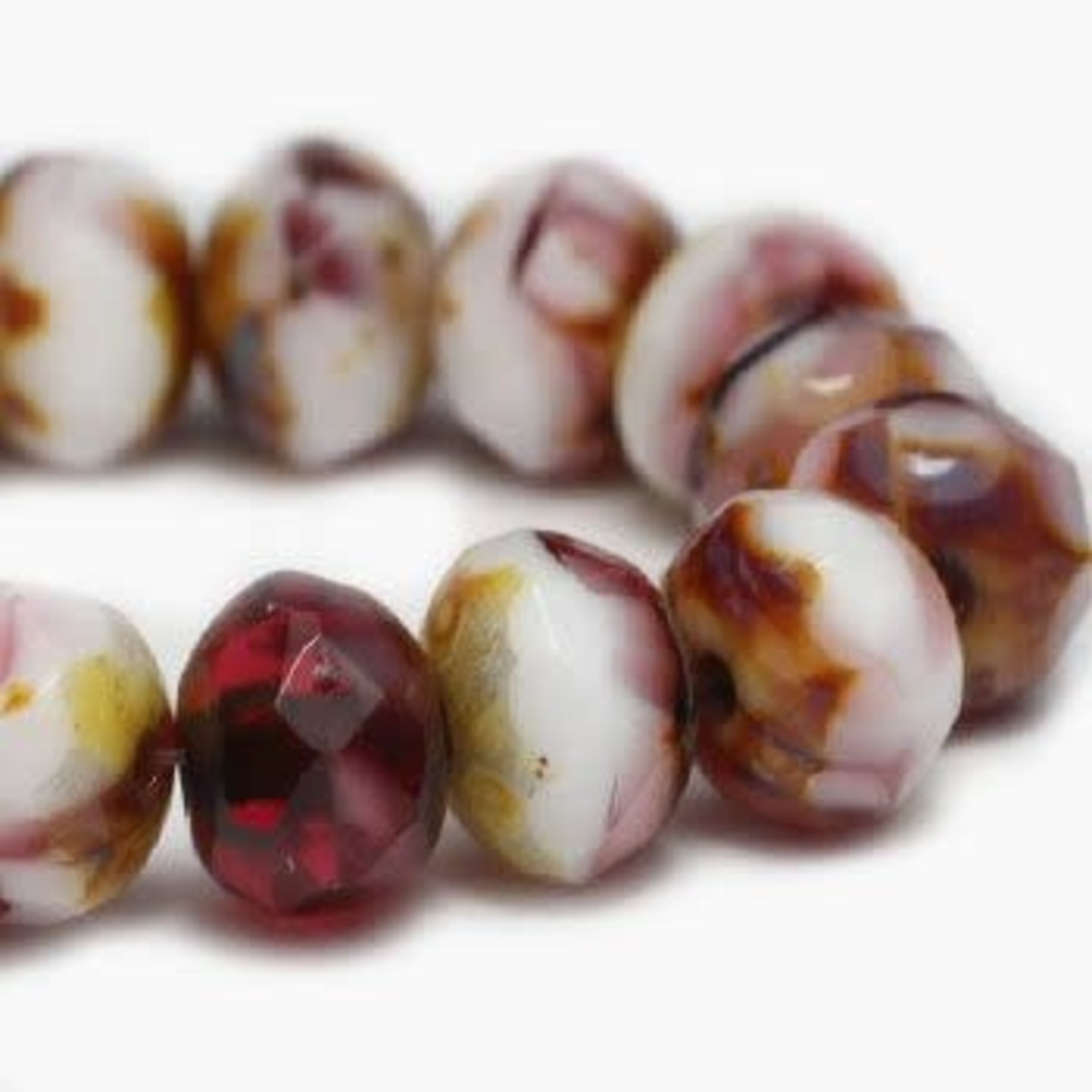 Czech Glass Rondelle 5X3mm Rosewood White Picasso Bead Strand