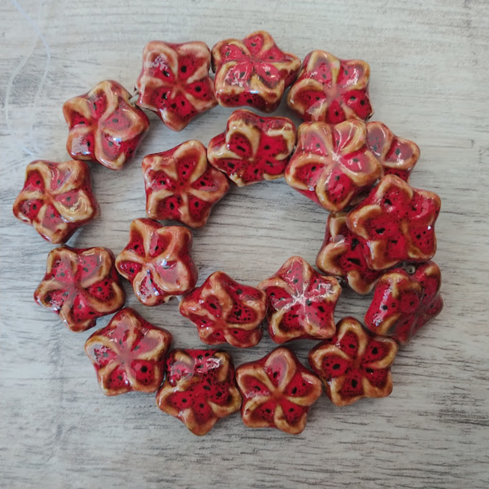 Glazed Clay Bead Hibiscus Red 20x5mm