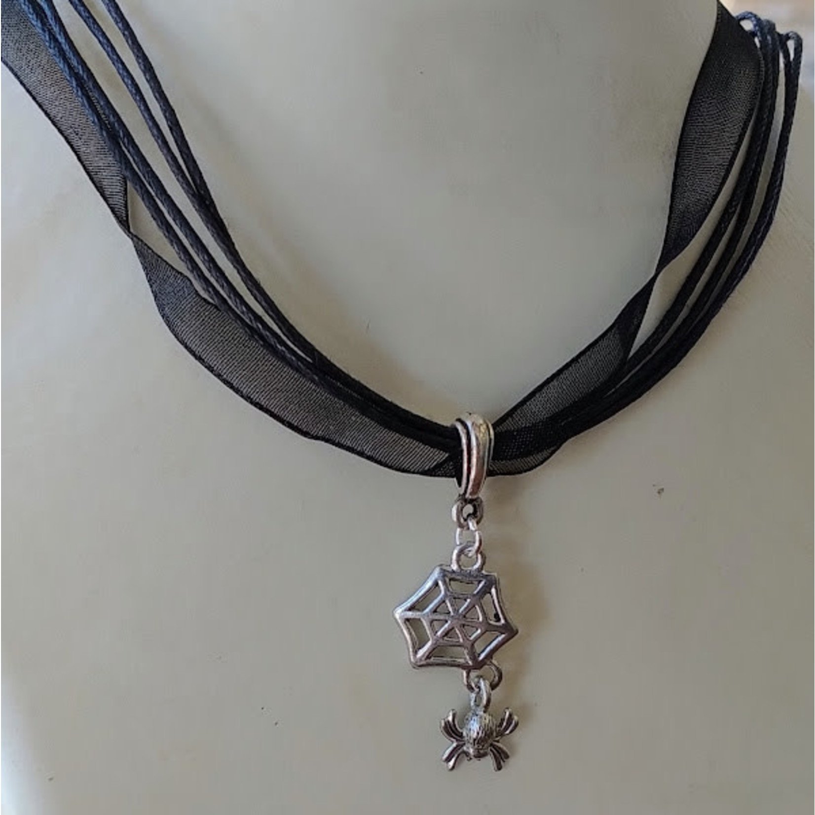 Spider Web Black Ribbon Necklace