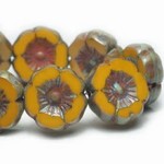Czech Hibiscus Flower 12mm Yellow Gold with Picasso Finish Bead Strand